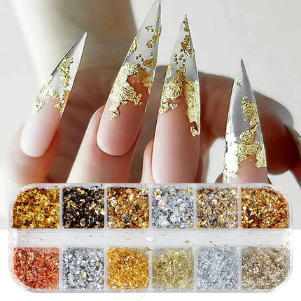 12 Color Gold Foils Gorgeous Nails Glitter Random Aluminum Flakes Paillette Chip Nail Design Shinny Sparkles Nail Art 2027