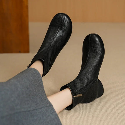 Women's Shoes Sheepskin Round Toe Side Zip 2027 Autumn Ankle Boots 4.5cm Thick Med Heel High Quality Soft Casual Short Booties