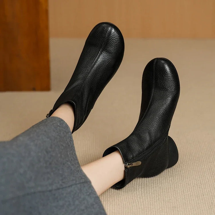 Women's Shoes Sheepskin Round Toe Side Zip 2027 Autumn Ankle Boots 4.5cm Thick Med Heel High Quality Soft Casual Short Booties