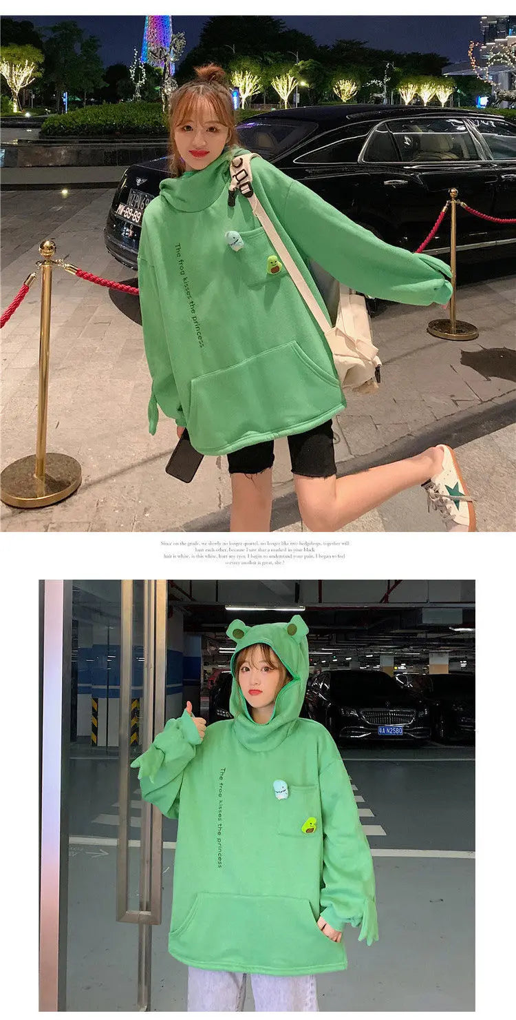 Y2K Autumn Winter Unisex Cartoon Frog Fleece Hoodies Loverly Zipper Loose Warm Sweatshirt Full Sleeve Harajuku Hooded Jackets