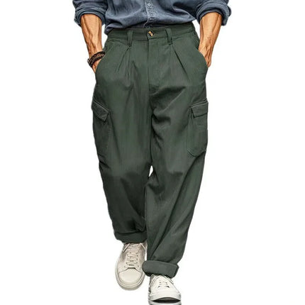 Men's Wide Leg Cargo Pants, Pleated Trousers, Multi‑Pocket Solid Brown Loose Fit Work Pants For Men Work Or Casual Daily Wear