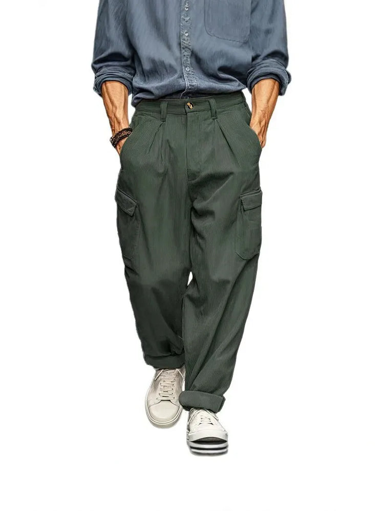 Men's Wide Leg Cargo Pants, Pleated Trousers, Multi‑Pocket Solid Brown Loose Fit Work Pants For Men Work Or Casual Daily Wear