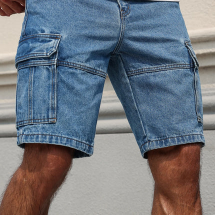 Pantaloncini in denim da lavoro estivi da uomo, stile multitasche blu. Elegante e casual, adatto per streetwear.