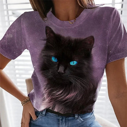 T-shirt mignonne en forme de chat pour femme, avec impression 3D animal de compagnie, manches courtes, hauts décontractés d'été, T-shirts amples Streetwear à col rond