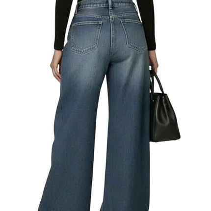 Jeans da Donna a Gamba Larga, Vita Media, con Dettagli Traforati, Effetto Vintage, Stile High Street, Eleganti, da Lavoro, Casual, Pantaloni Dritti