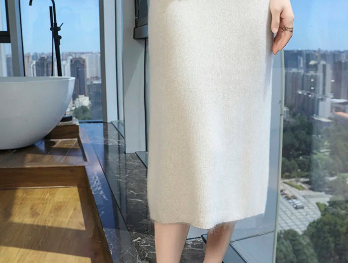 100% Mink Cashmere Half Skirt Women Mid-Long Elastic High Waisted A-line Skirt Loose Knit Hip Skirt Autumn Straight Tube Skirts PlatiNum