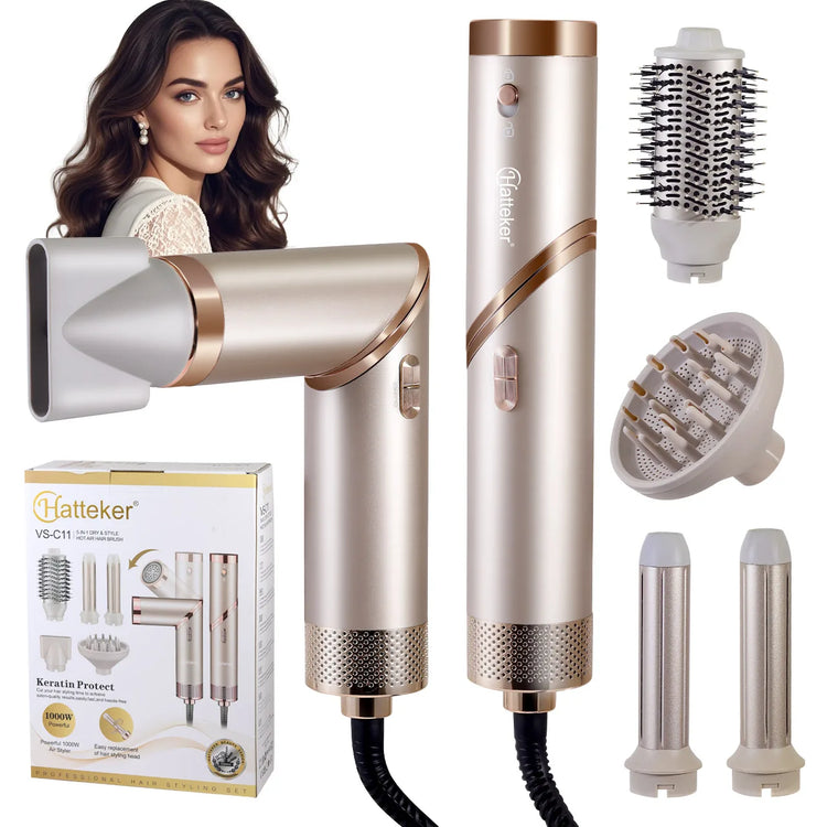 Hatteker 4-in-1 EU Hair Styling Tool Foldable Hair Dryer Curling Wand Brush with Negative Ion Care