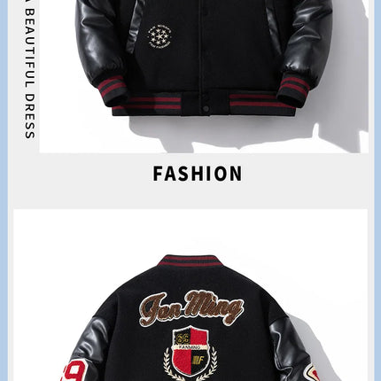 Winter Loose bomber jacket Men Woolen Retro Cotton Liner parkas couple streetwear PU leather sleeves baseball jacket chaquetas