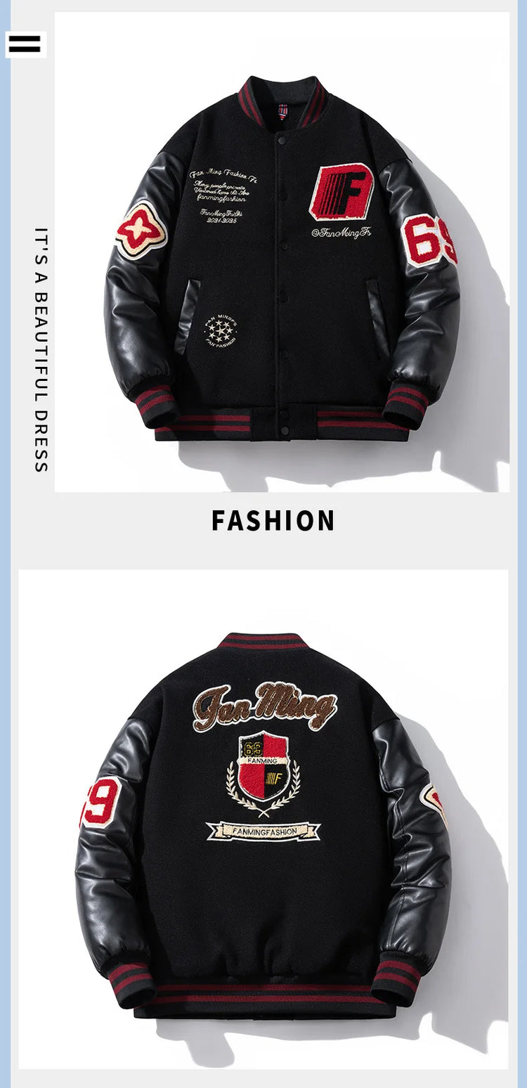 Winter Loose bomber jacket Men Woolen Retro Cotton Liner parkas couple streetwear PU leather sleeves baseball jacket chaquetas