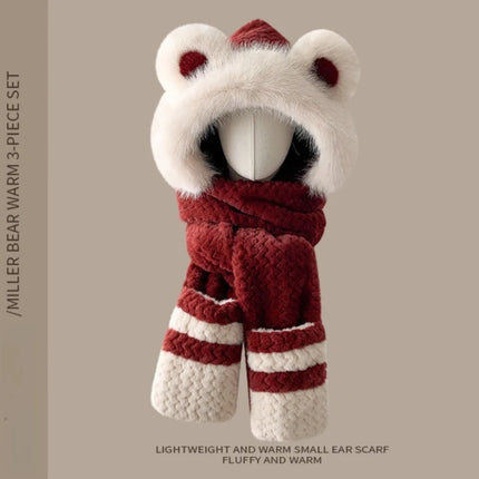 Three-in-one hat Winter Women's Plus  Bear Hat Scarf Gloves One-piece Hooded Cute Warm Plush Three-piece Suit To Prevent Cold