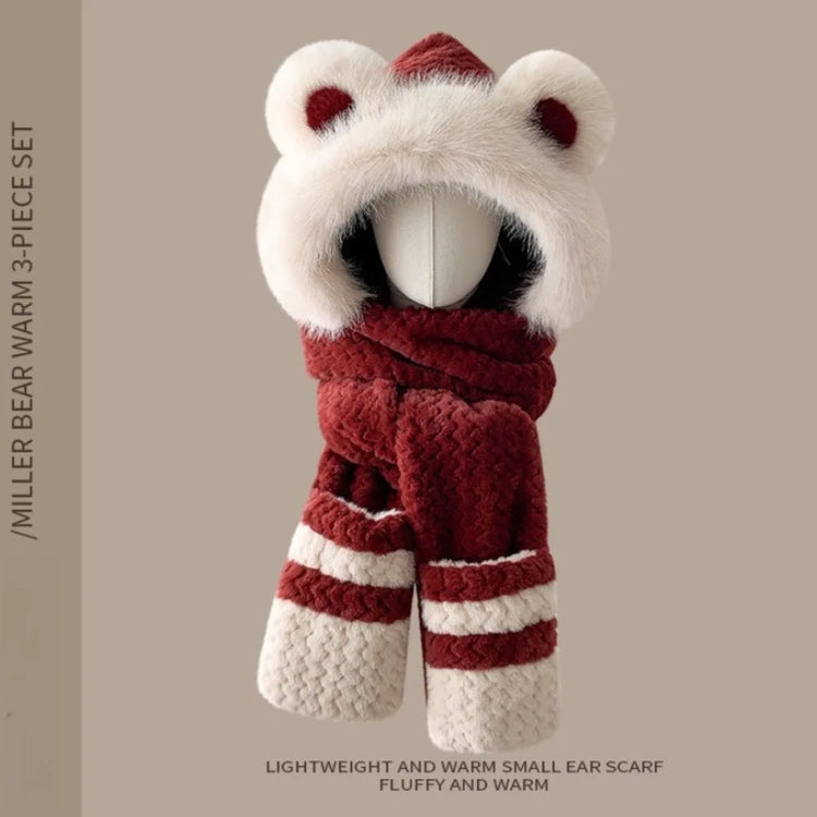 Three-in-one hat Winter Women's Plus  Bear Hat Scarf Gloves One-piece Hooded Cute Warm Plush Three-piece Suit To Prevent Cold