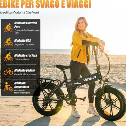 Bicicletta Elettrica Vitilan V3 con Motore da 750W, Ebike 48V13AH, Pneumatici Fat da 20*4 Pollici per Città e Montagna