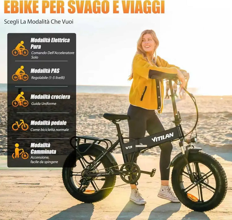 Bicicletta Elettrica Vitilan V3 con Motore da 750W, Ebike 48V13AH, Pneumatici Fat da 20*4 Pollici per Città e Montagna