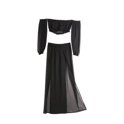 Copricostume Bikini da donna estivo tinta unita manica lunga con spalle scoperte gonne a vita alta con spacco 2 pezzi costume da bagno costume da bagno platinumshop