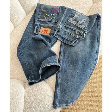 Jeans in denim a vita alta a gamba larga stile street americano con ricamo a stella, nuovo design da donna, pantaloni lunghi dritti e larghi