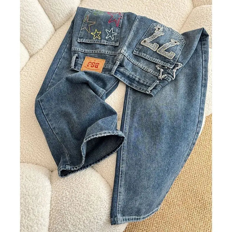 Jeans in denim a vita alta a gamba larga stile street americano con ricamo a stella, nuovo design da donna, pantaloni lunghi dritti e larghi