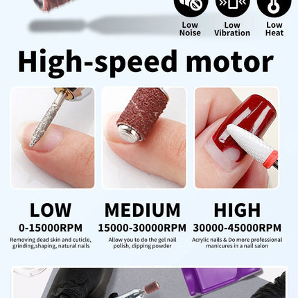 45000RPM Electric Nail Drill Professional Rechargeable Machine Low Noise Nails Sander File Polishing Set For Manicure Salon Tool