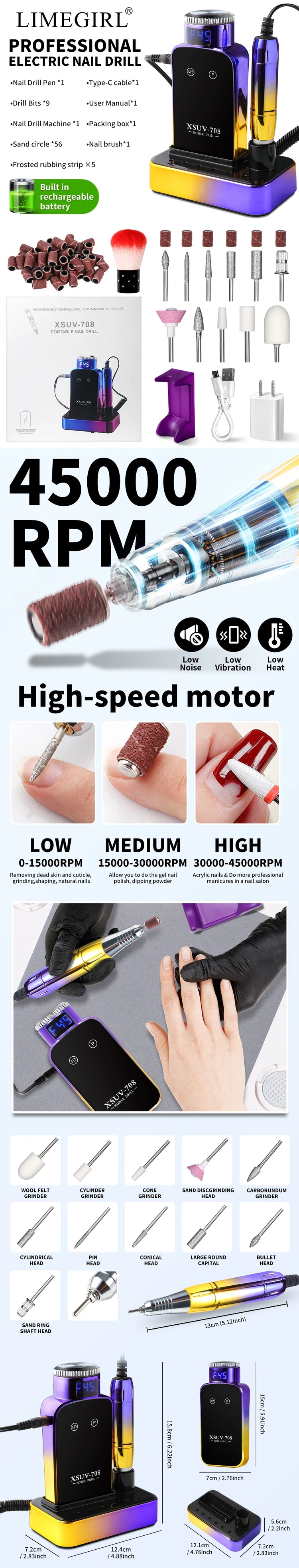 45000RPM Electric Nail Drill Professional Rechargeable Machine Low Noise Nails Sander File Polishing Set For Manicure Salon Tool