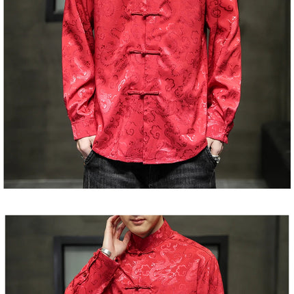 Giacca Tang di alta qualità da uomo camicetta con colletto alla coreana in argento elegante abbigliamento cinese rosso camicie Casual da uomo in raso di seta blu di grandi dimensioni