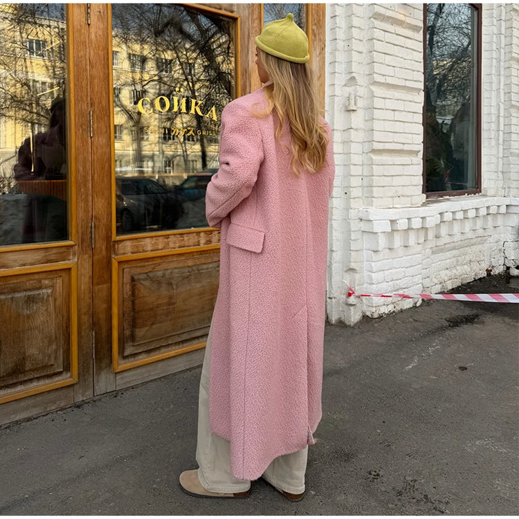 Elegant Women's Woolen Overcoat Solid Lapel Double Breasted Full Sleeve Long Coat 2026 Autumn Winter Fashion Lady Outwear