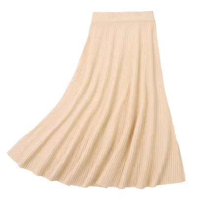Women's 35% Cashmere 65% Wool Thickened Elastic-Waist Solid-Color Pleated Skirt, Warm & Slim-Fit PlatiNum
