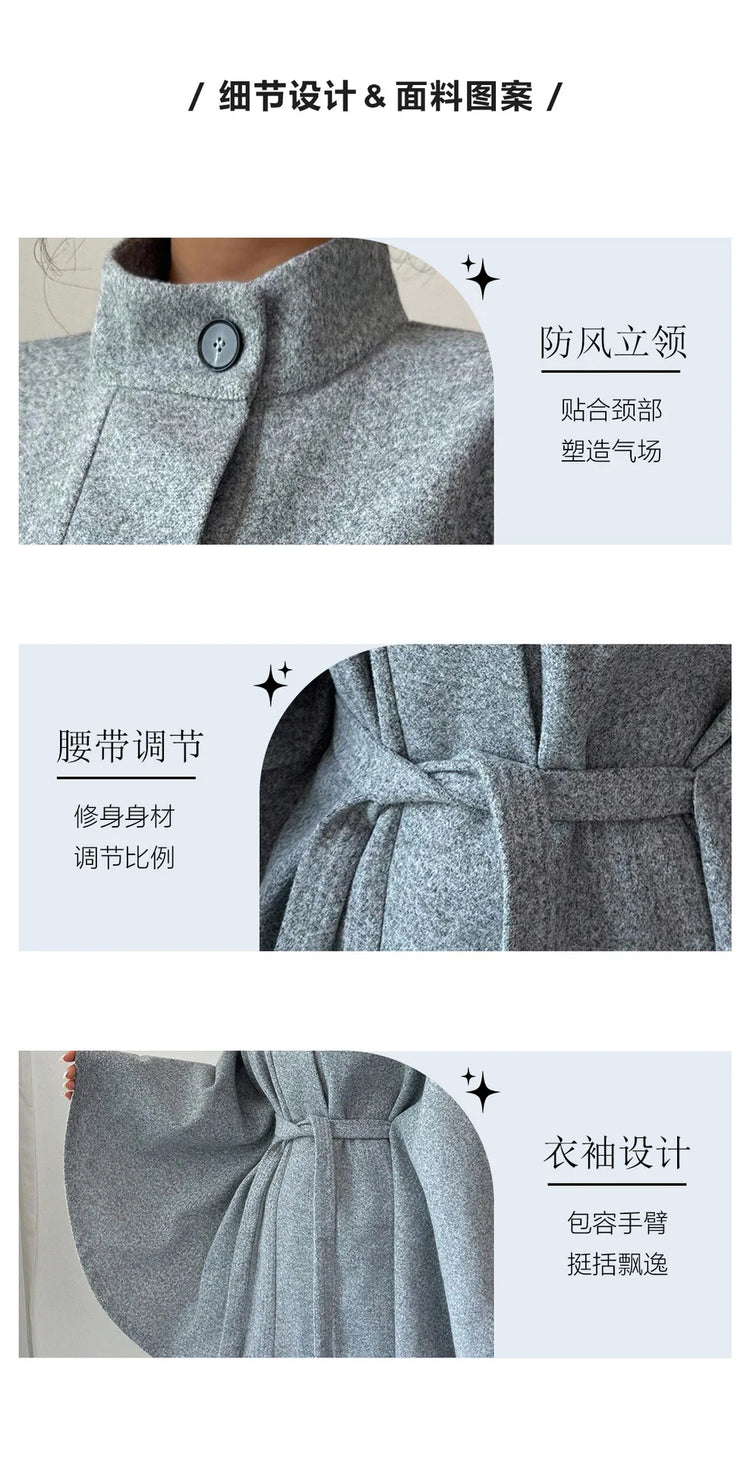 Elegant Stand Collar Tie Waist Cape Design Wool Coat, Coats for Women Spring Summer Outerwear with Chic Overcoat Style