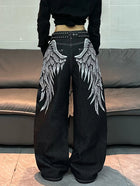 1 pair of American Retro Wing Print Loose Jeans, Black Wide-Leg Pants for Women
