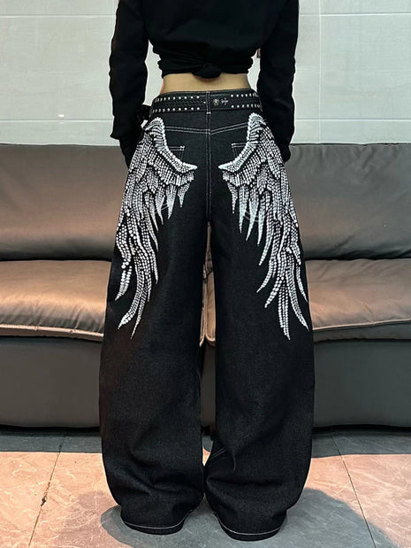 1 paio di jeans larghi con stampa Wing in stile retrò americano, pantaloni neri a gamba larga alla m