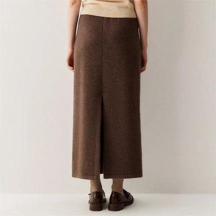 Women's Cashmere Skirts Thicken Autumn Winter Drawstring Slit Straight Long Skirt Casual 100% Cashmere Knitted High Waist Dress PlatiNum