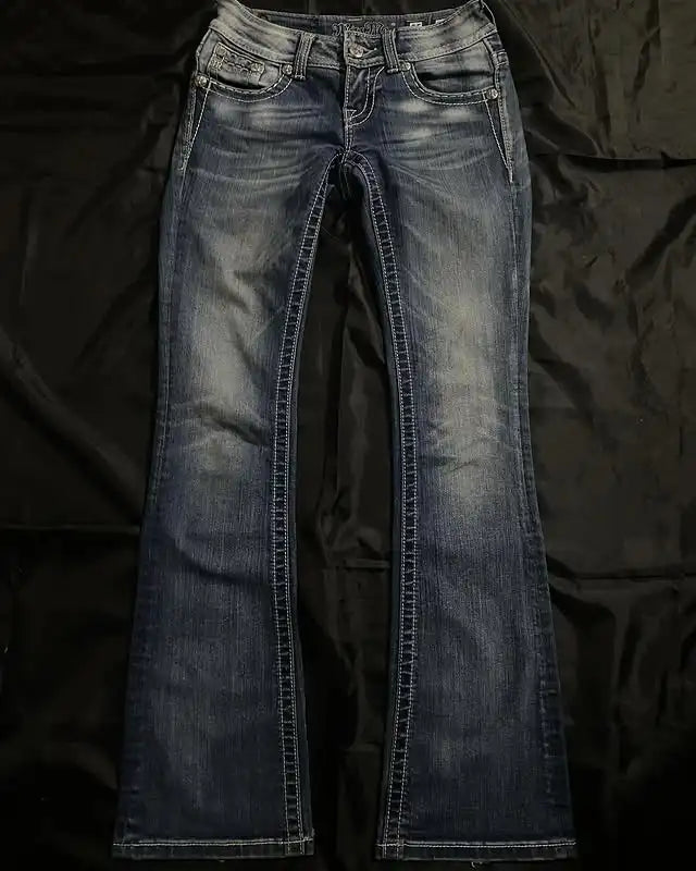 Y2K Streetwear Vintage Jeans Women's Clothing Vintage Sequin Pocket Washed Blue Wide Leg Jeans Mid-Waist Slim Fit Pants