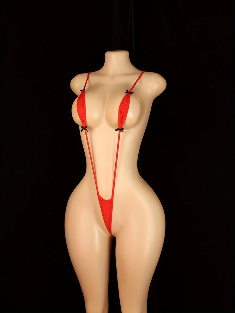 Adjustable Strappy Teddy Bodysuit for Women Black Lingerie with Red Accents Backless Design Semi-Sheer Sexy Adult Apparel