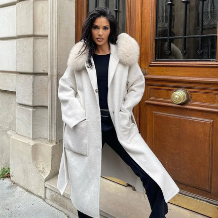 OFTBUY Omen Double Face Wool Coat Natural Fur Coat Wool Blend Jacket Winter Warm Elegant Long Sleeve Fur Cuffs Fashion Outerwear