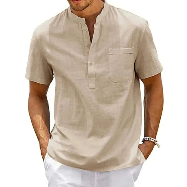 Cotton Linen Shirt Men Henley Neck Pocket Casual Beach Short Sleeve Solid Color Male Tops T-shirts Vintage Streetwear good PlatiNum
