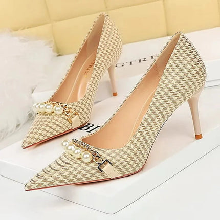 BIGTREE Scarpe 2026 Primavera Donna Pompe Catena di metallo perlato Tacchi alti Grana a quadri Tacchi a spillo Tacchi da donna Scarpe da banchetto di lusso 43 platinumshop