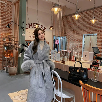 Lace Up Lapel Cashmere Wool Coat For Women's Winter Fashion Female Woolen Jackets Fur Long Sleeve Loose Overcoats