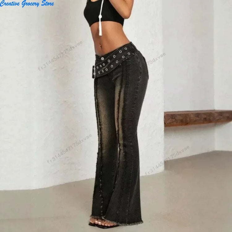 Women Vintage Washed Flare Jeans With Wide Belt Raw Hem Split Hem Seam Detail High Waist Slim Fit Denim Pants