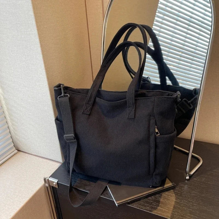 Women Corduroy Tote Bag Casual Multi Pocket Handbag Adjustable Strap Crossbody Sling Bag Zipper Shoulder Bag Fall Winter Bag PlatiNum