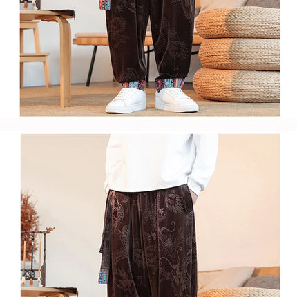 Pantaloni da uomo Kung Fu Tai Chi Pantaloni casual tradizionali da uomo stile cinese retrò allentato fiore scuro drago stampa pantaloni a gamba larga da uomo