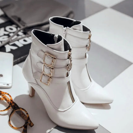 Women Shoes  Boots Spring High Heels Ankle Boots Pointed Toe Buckle  Boots Zip Ladies Shoes White Big Size 2023