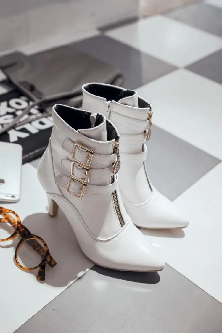 Women Shoes  Boots Spring High Heels Ankle Boots Pointed Toe Buckle  Boots Zip Ladies Shoes White Big Size 2023