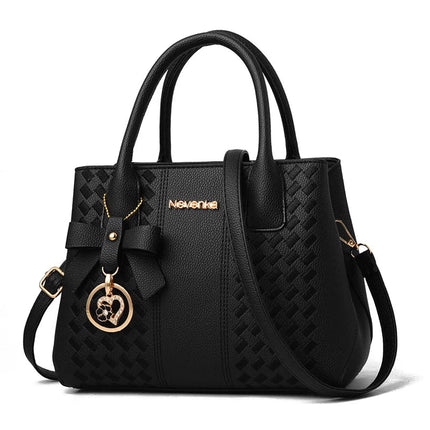 Bow Metal Pendant Top Handle Satchel Crossbody Bag, PU Leather Textured Bag Purse, Classic Versatile Fashion Shoulder Bag PlatiNum