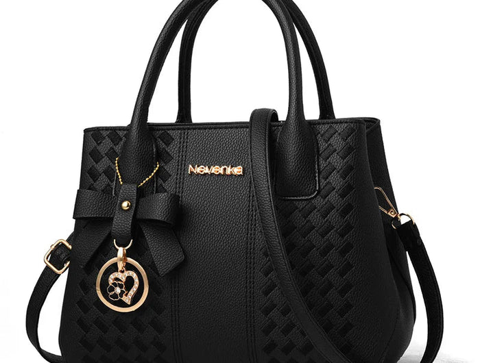 Bow Metal Pendant Top Handle Satchel Crossbody Bag, PU Leather Textured Bag Purse, Classic Versatile Fashion Shoulder Bag PlatiNum