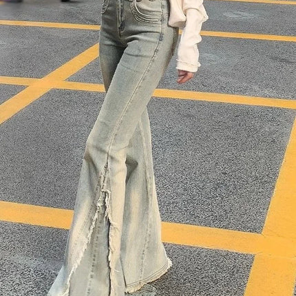 Jeans blu vintage da donna a vita alta americani retrò anni '90 materia prima design bordo Y2k pantaloni in denim streetwear jeans a gamba larga