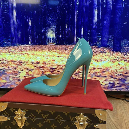 Tacchi altissimi personalizzati multicolori da 12 cm, pelle verniciata bianca nuda, suola rossa sexy, scarpe sottili a punta per ordine singolo platinumshop