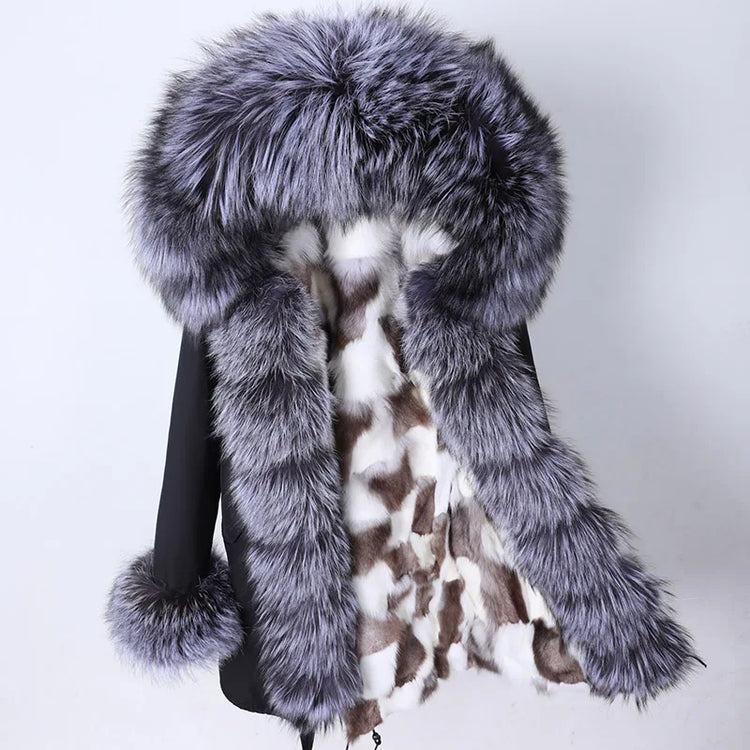 Winter Long Jacket Real Fur Coat Women Clothes Large Silver Fox Fur Collar Detachable Natural Fox Lining Parkas Leather Fur