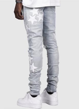 Vintage Star Print Stretch Punk Style Ripped Jeans Men's Streetwear Fashion Pocket Male Youth Daily Casual Denim Pencil Pants PlatiNum