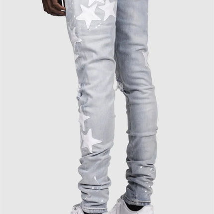 Vintage Star Print Stretch Punk Style Ripped Jeans Men's Streetwear Fashion Pocket Male Youth Daily Casual Denim Pencil Pants PlatiNum