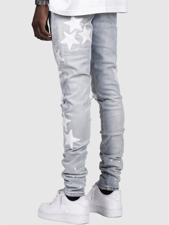 Vintage Star Print Stretch Punk Style Ripped Jeans Men's Streetwear Fashion Pocket Male Youth Daily Casual Denim Pencil Pants PlatiNum