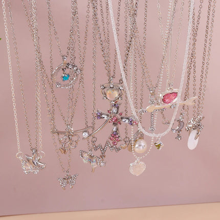 Y2K Crystal Butterfly Heart Necklace Fashion Kpop Shiny Clavicle Chain Necklaces for Women Girls New Trend Party Gifts Jewelry PlatiNum