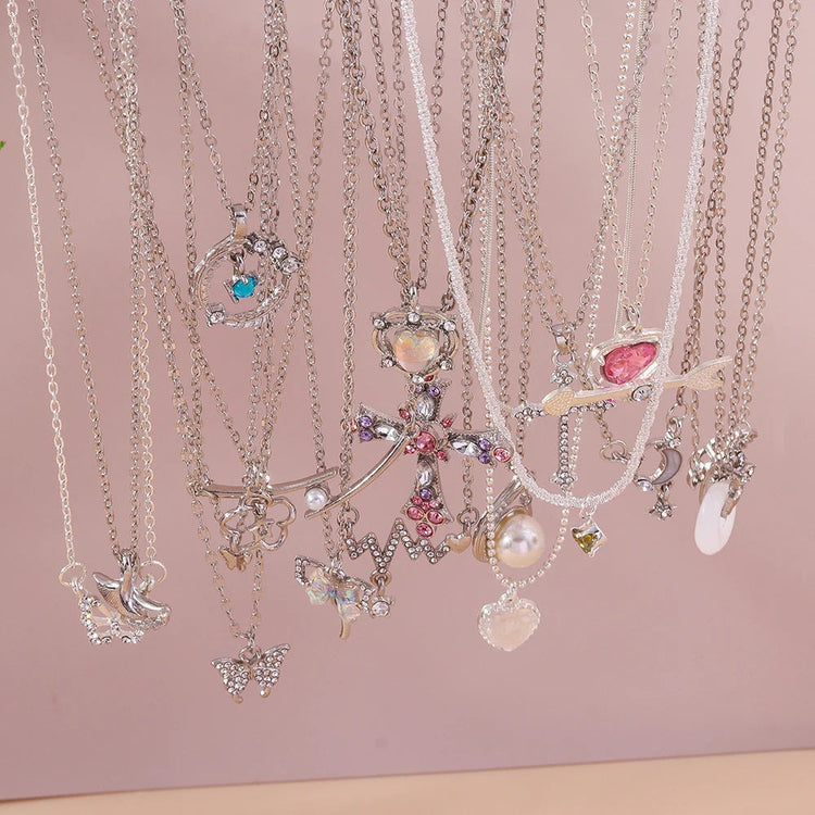 Y2K Crystal Butterfly Heart Necklace Fashion Kpop Shiny Clavicle Chain Necklaces for Women Girls New Trend Party Gifts Jewelry PlatiNum